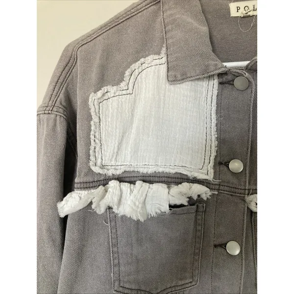 POL Womens Jacket Patchwork Denim Boho Chic M Floral Frayed Trim Gray - Image 2