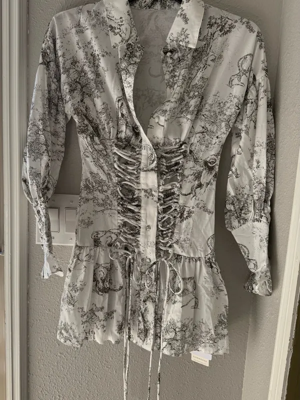 NWT Commense Sage-Print Corset-Detail Long Sleeve Mini Dress - Image 4