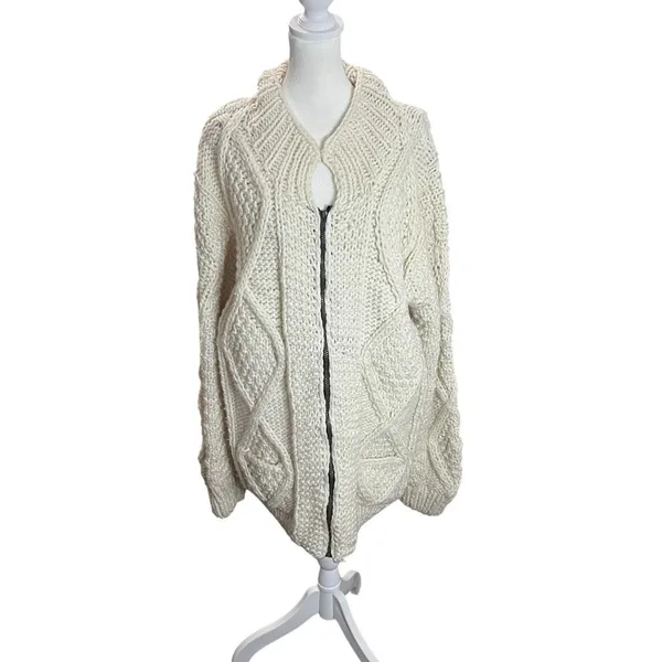 Vintage Imbacocha 100% Wool Fisherman Cable Knit Zip Cardigan L XL - Image 2