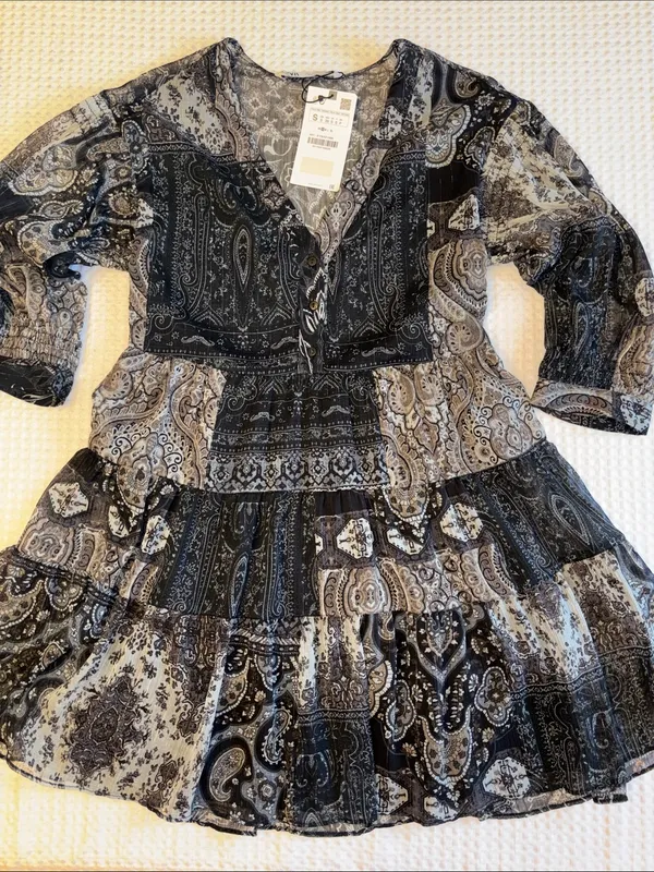 NEW! ZARA Black Gray Paisley Tiered Mini Dress SMALL Semi Sheer Balloon Sleeves - Image 3