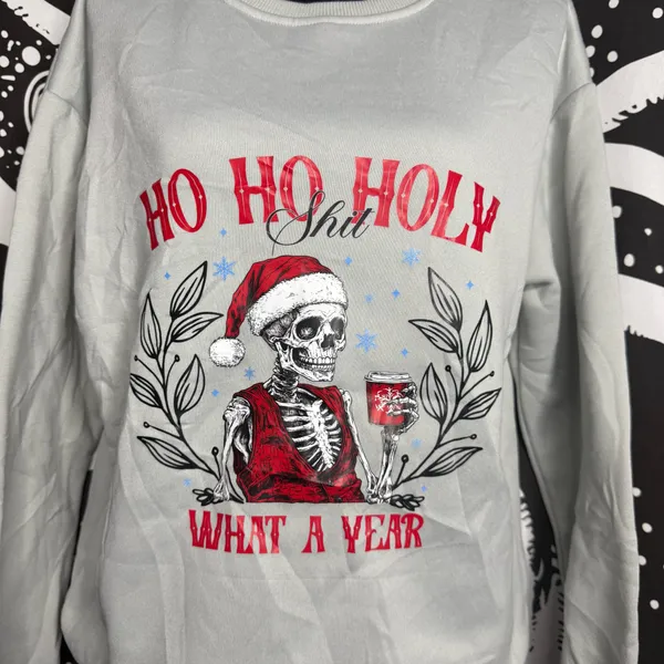 SheIn Ho Ho Holy $4!7 What A Year Beige Crew Neck Pullover Medium Sweater Christmas - Image 2