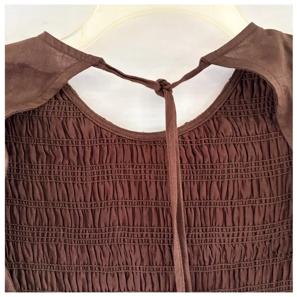 Brown Linen Maxi Dress Smocked Puff Sleeve Tiered Cottagecore DLD11313DBR - Image 5