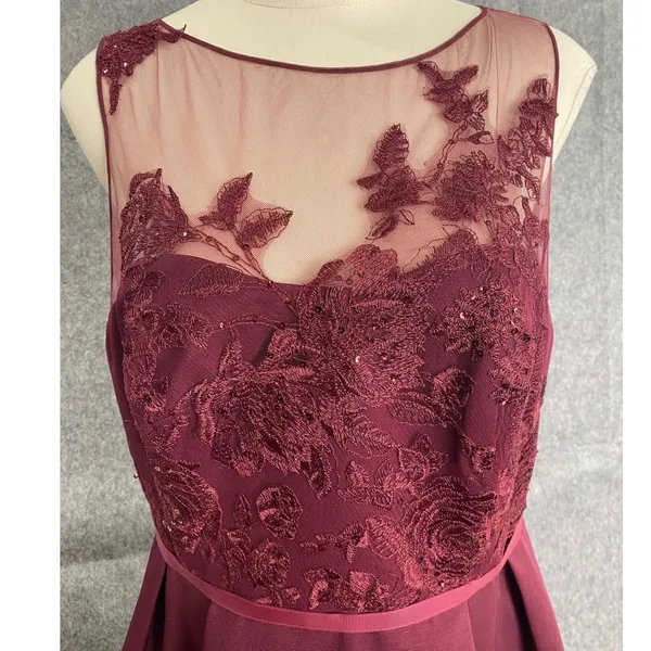 Oleg Cassini Burgundy Lace Illusion Bodice Formal Evening Gala Gown Dress 14 - Image 2