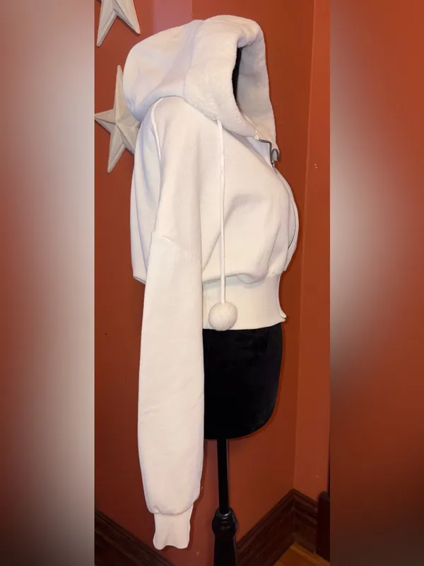 Women's White Hooded Zip Jacket with Pom Drawstrings - Image 2