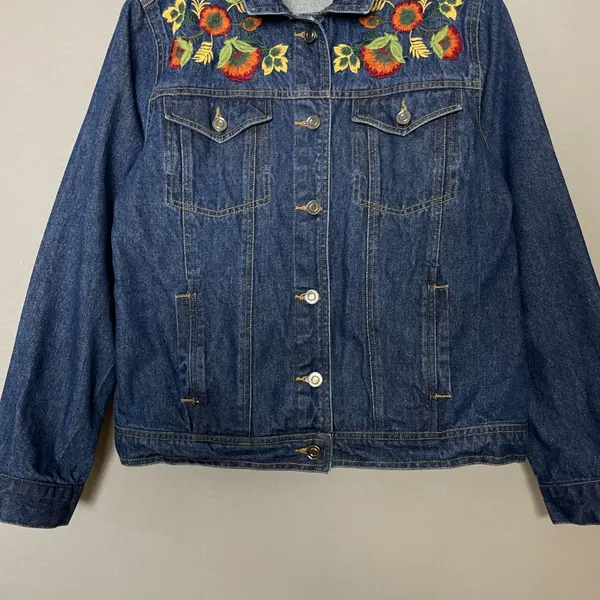 Embroidered Jean Jacket Autumn Colors Dark Wash Denim Women Size‎ Small Fall - Image 4