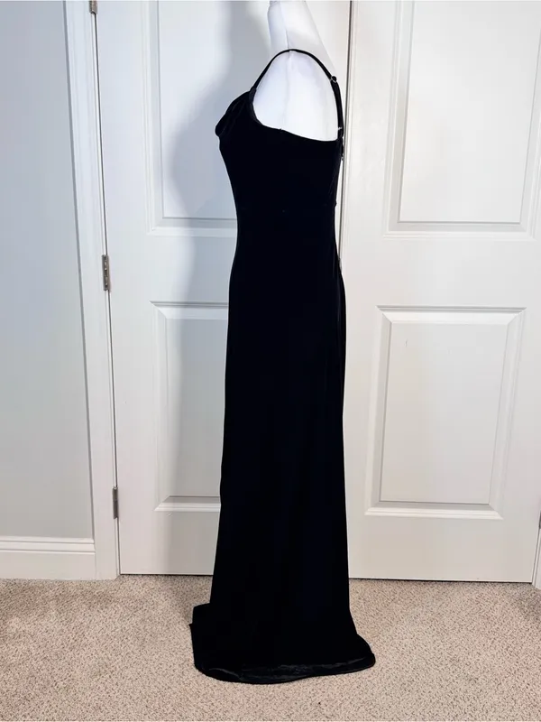 Birdy Grey Black Velvet Maxi Dress S Cowl Neck Slit Dark Romantic Gown Goth - Image 7