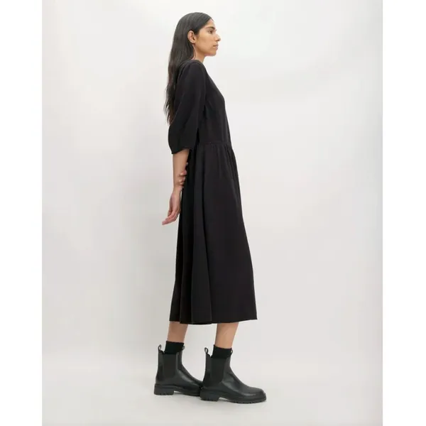 Everlane Tencel Puff Sleeve Dress Women L Black V Neck Midi Lagenlook Minimalist - Image 3