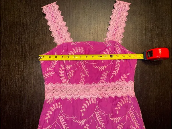 Donna Morgan Pink Embroidered Lace-Trim Midi Boho Feminine Romantic Dress - Image 4