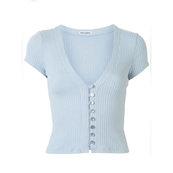 Reformation Nella Ribbed Stretch-tencel Modal Top In Blue XS OBX - Image 2