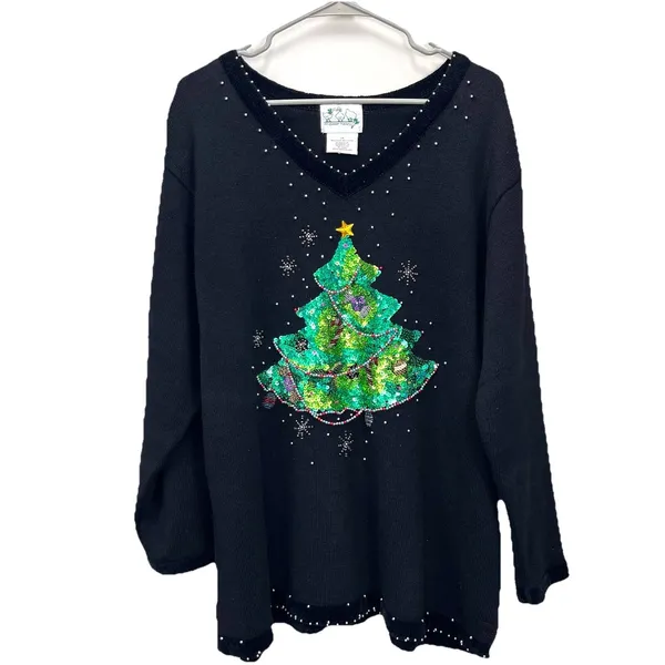 Quacker Factory Black Christmas‎ Tree Holiday V Neck Pullover Sweater Size 1X - Image 2
