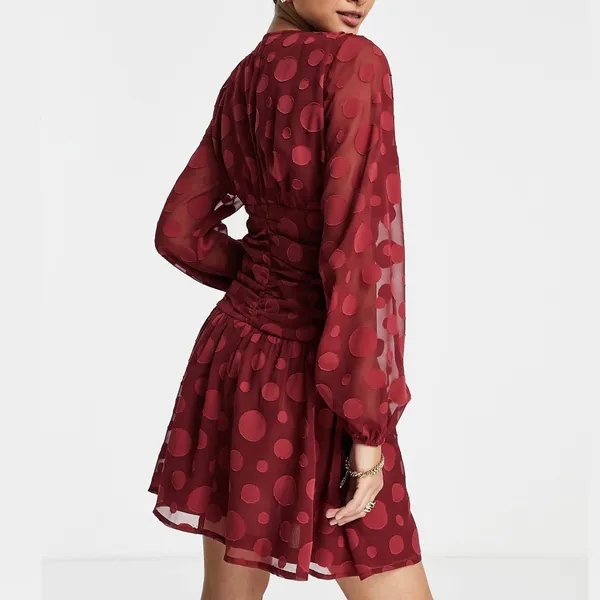 ASOS New Design V-Neck Ruched Waist Long Sleeve Skater Mini Dress Oxblood Size 0 - Image 3