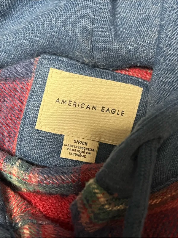 American Eagle Outfitters Distressed Hooded Plaid Flannel Shirt Women Size Small - Image 2