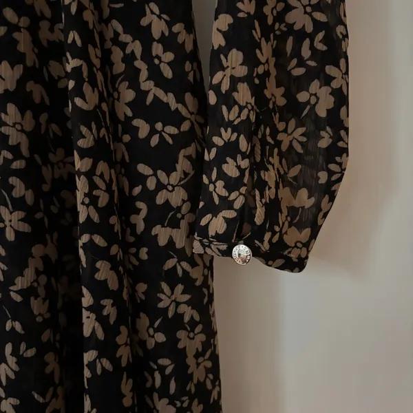 Tommy Hilfiger Crossover Hem Black Tan Floral Midi Dress‎ Sheer Chiffon Size 8 - Image 6