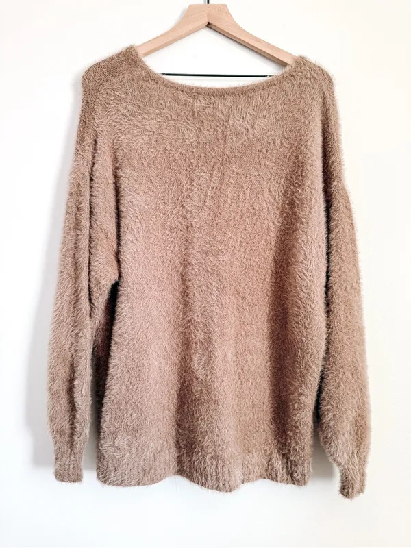 Old Navy Taupe Fuzzy Knit V Neck Sweater Soft Cozy Pullover Size S - Image 5