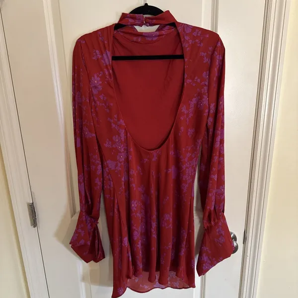Free People Aries Mini Dress Red & Purple Floral Long Sleeve Size Medium - Image 5