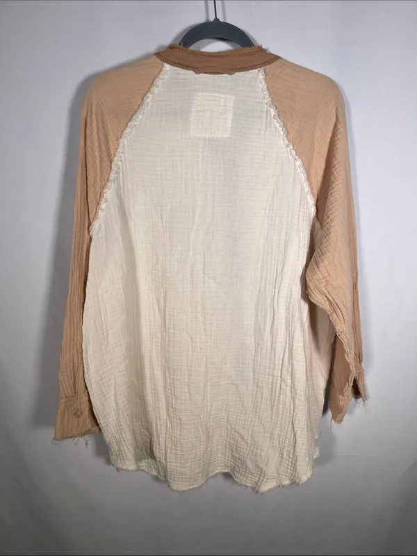 Aerie Womens Gauzey Coverup Button Down Shirt Oversized Medium Cream Pink - Image 5