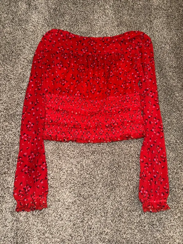Free People Lolita Red Floral Long Sleeve Smocked Blouse - Image 5