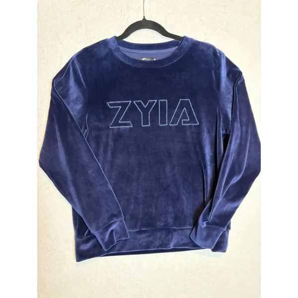 Zyia Active Navy Blue Velour Crewneck Sweatshirt Embossed Logo Size Medium - Image 2