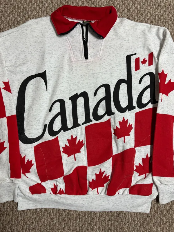Vintage 90s Style Canada White and Red Canadian Flag Crewneck Quarter Zip Sweater - Image 3