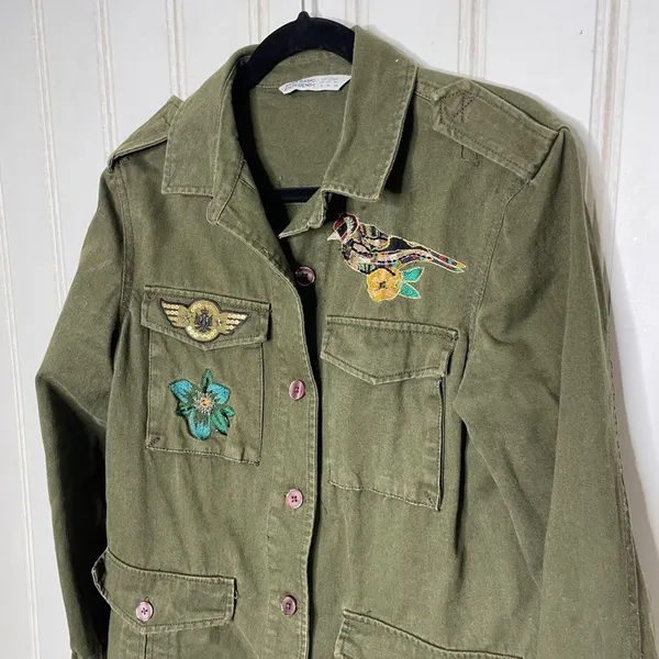Zara Basic Z1975 Denim Military Utility Jacket Olive Green Embroidered Bird M - Image 3