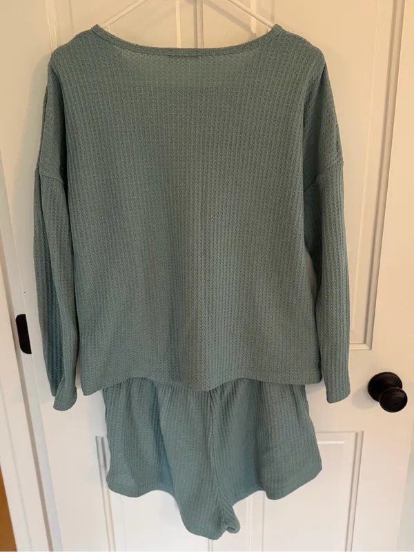 Ekouaer Waffle Knit Lounge Set Long Sleeve Top Shorts Sage Green Large - Image 2