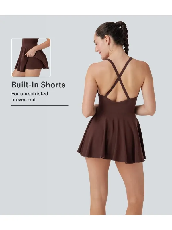 Halara OneForm Seamless Flow Crisscross 2-in-1 Dress Built in Shorts Brown XL - Image 2