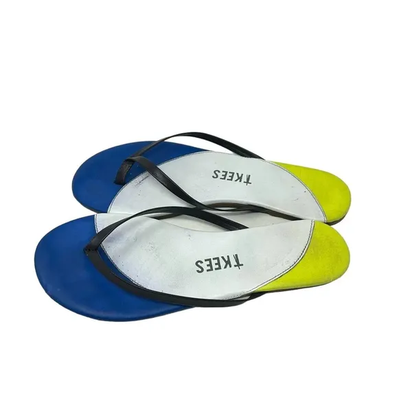 TKEES Neon‎ Yellow & Blue Colorblock Leather Thong Sandal Flip Flops Size US 8 - Image 2