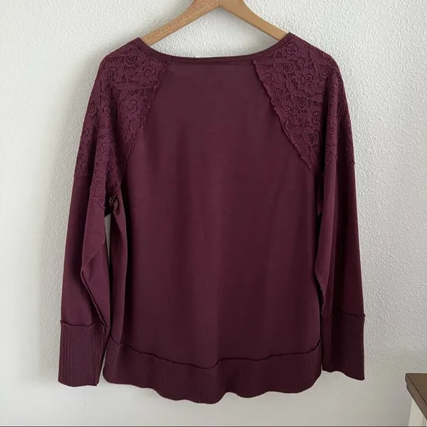Knox Rose Maroon Lightweight Crewneck Pullover Sweater Top Lace Waffle Knit L - Image 2