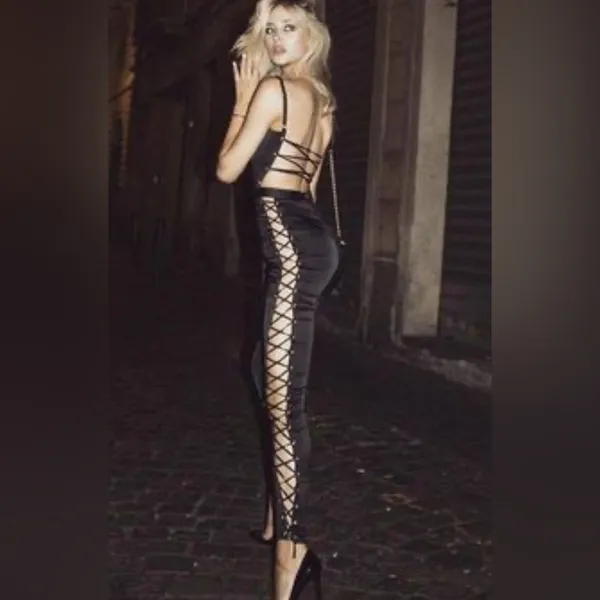 House Of CB, 'Tsarina' Black Satin Jumpsuit With Side Lace Ups - Image 7