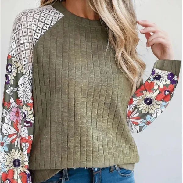 Olive Green Floral Patchwork Blouse Ribbed Lace Balloon Sleeve Whimsigoth XL - Image 2