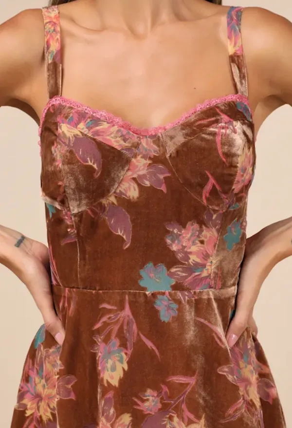 Lulus Coveted Grace Brown Velvet Burnout Bustier Midi Dress - Image 3