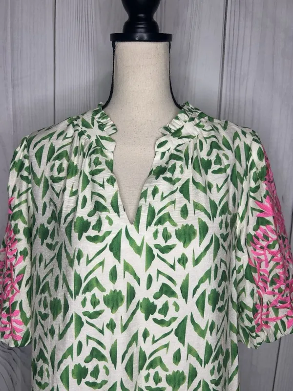 VOY Green White Abstract Print Top Pink Floral Embroidered Puff Sleeves Sz L - Image 2
