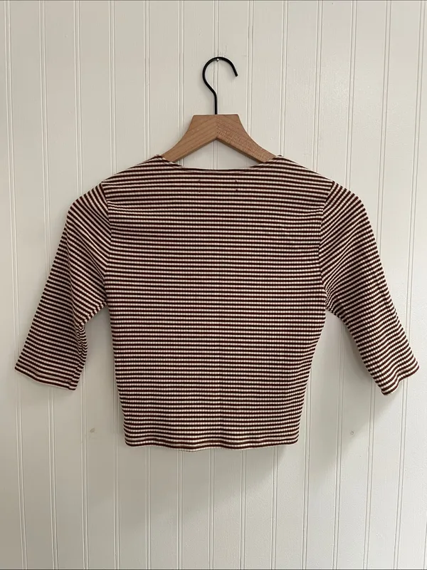 REFORMATION Cameron Crop Top Striped Fitted Elbow Sleeve Baby Tee Brown White XS - Image 3