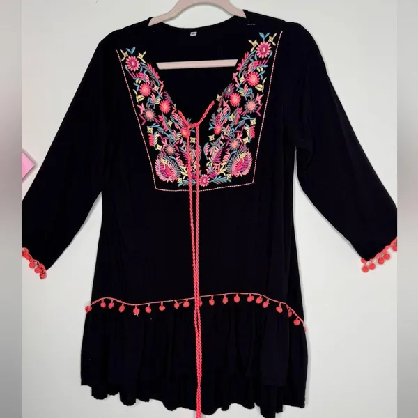 Embroidered Black Tassel Boho Pompoms Detail Mini Dress Womens Hippie Size M - Image 2