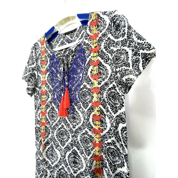 THML Damask Print Multicolor Embroidered Casual Tunic Dress Size Small FLAW - Image 5
