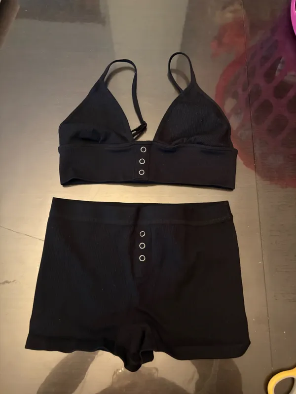 NWOT Ribbed Black Bralette & Boyshort Set with Snap-Ring Accents - Image 2