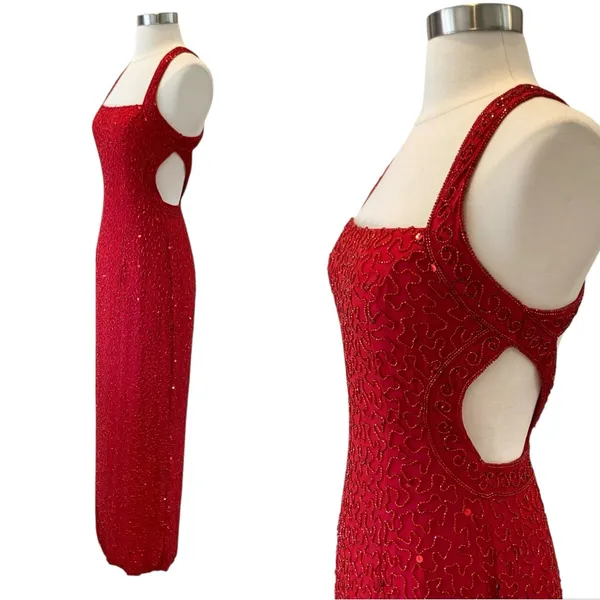 Vintage Sean Collection Red Silk Beaded Gown with Open Back - Image 4