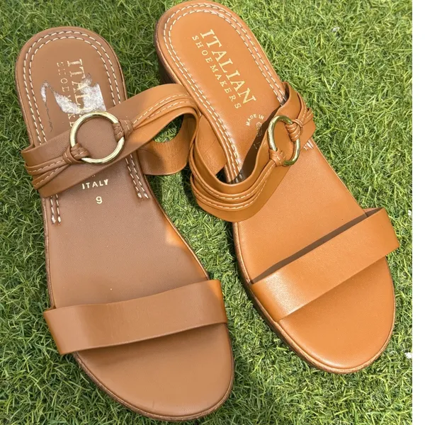 Italian Shoemakers Womens Brown Wedge Slide Sandals Gold Ring Detail Size 9 - Image 2