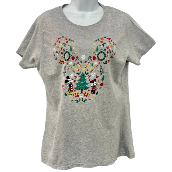 Disney Mickey Mouse Ears Friends Gray Christmas Holiday Tee Shirt Women's size L - Image 4
