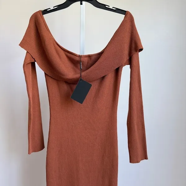 Hera Collection‎ Dress 2XL Brown Off-shoulder ribbed knit midi dress NWT - Image 7