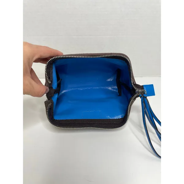 Henri Bendel Cosmetic Bag Brown White Stripe Blue Strap - Image 5