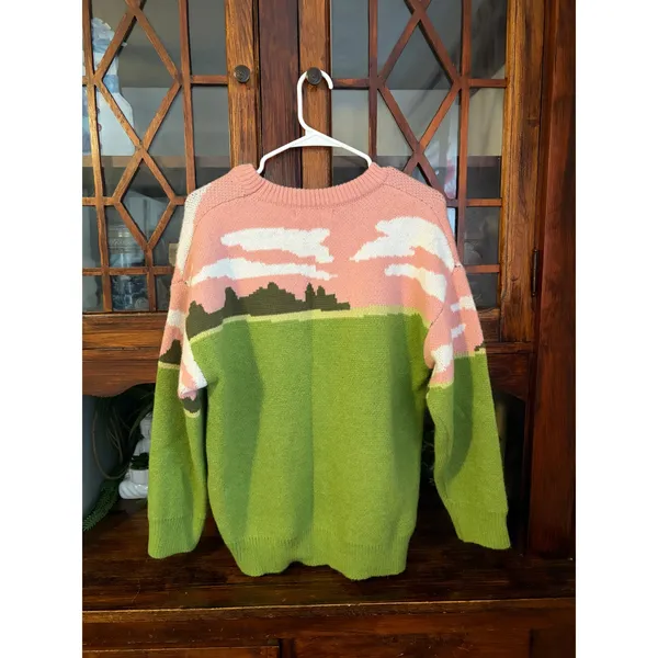 Aelfric Eden Sheep Pastoral Landscape Knit Sweater Green Pink Size Medium - Image 2
