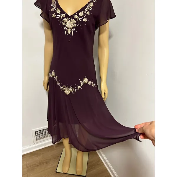 Y2K Vintage SL FASHIONS Plum Purple Beaded Floral Handkerchief Hem Midi Dress - Image 6