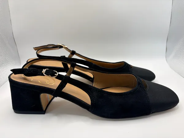 Sam Edelman Black Suede Slingback Heels Sz 8 Square Toe Cutout Retro Chic Preppy - Image 2