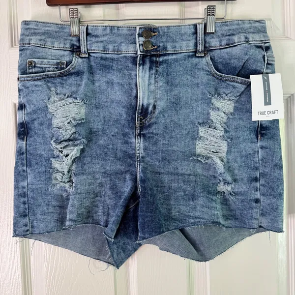 True Craft Denim‎ Shorts High-Rise Distressed Blue Wash Plus Size 18W - Image 7