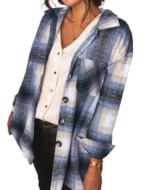 Casual Blue Plaid Button - Image 2