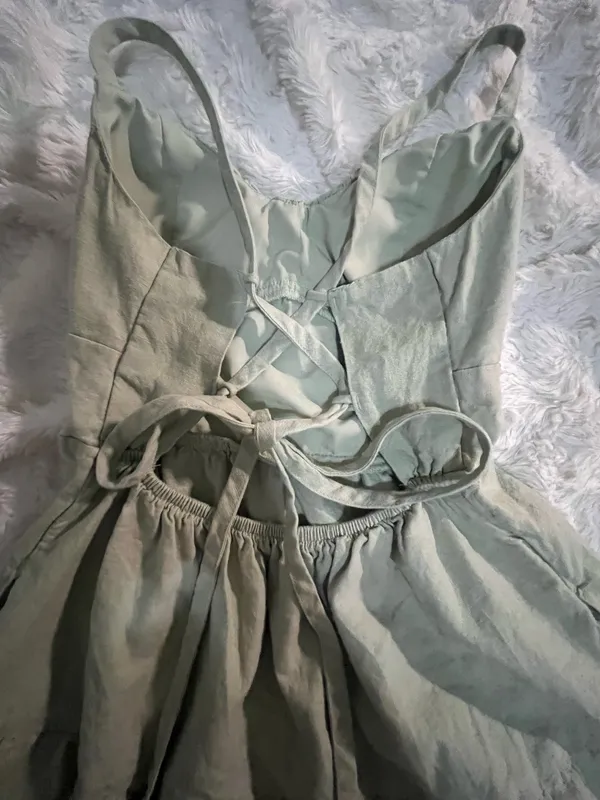Hollister Sage Green Floaty Picnic Dress – Lace-Up Back – Spaghetti Straps - Image 3