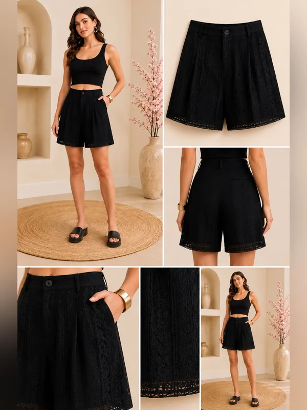 Boutique Black Embroidered Lace Shorts Lined Boho Chic Large - Image 9