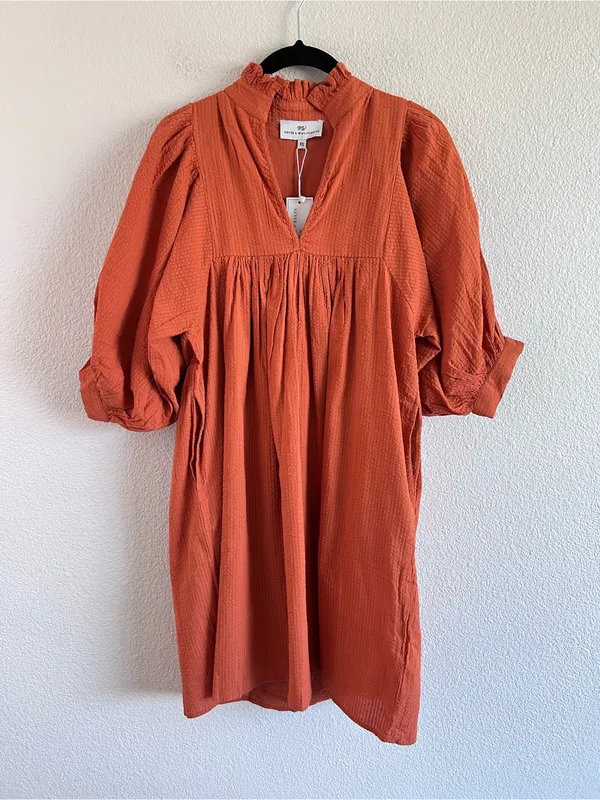 NWT‎ Never a Wallflower High Neck Dress Orange Seersucker Ruffle Puff Sleeve - Image 2