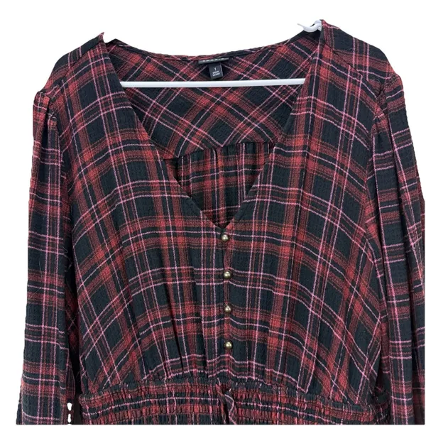 Torrid Plaid Babydoll Flannel Crinkle Gauze‎ Smocked Tie Waist Top Size 1X - Image 7
